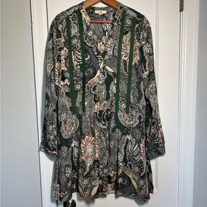 Entro Green and Black Floral Relaxed Long Sleeve Dress lined skirt M